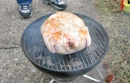 un pollo intero sul barbecue pronto alla cottura