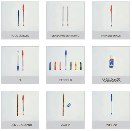 Alcuni esempi di penne con vari colori ad indicare gli accoppiamenti sessuali