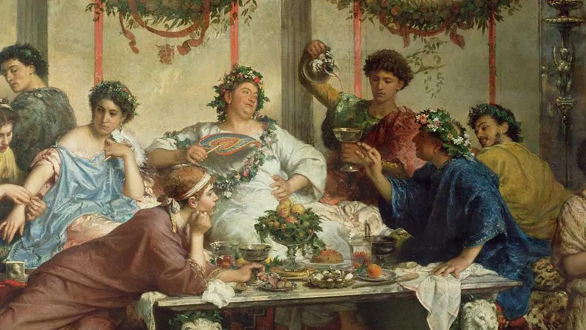 Un dipinto raffigurante un luculliano pranzo romano