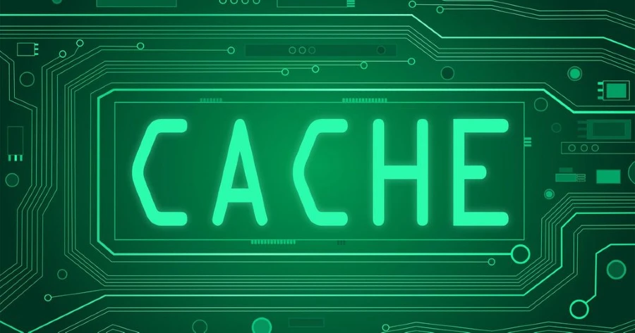 la parola cache stilizzata con caratteri futuristici stampata su una scheda per computer