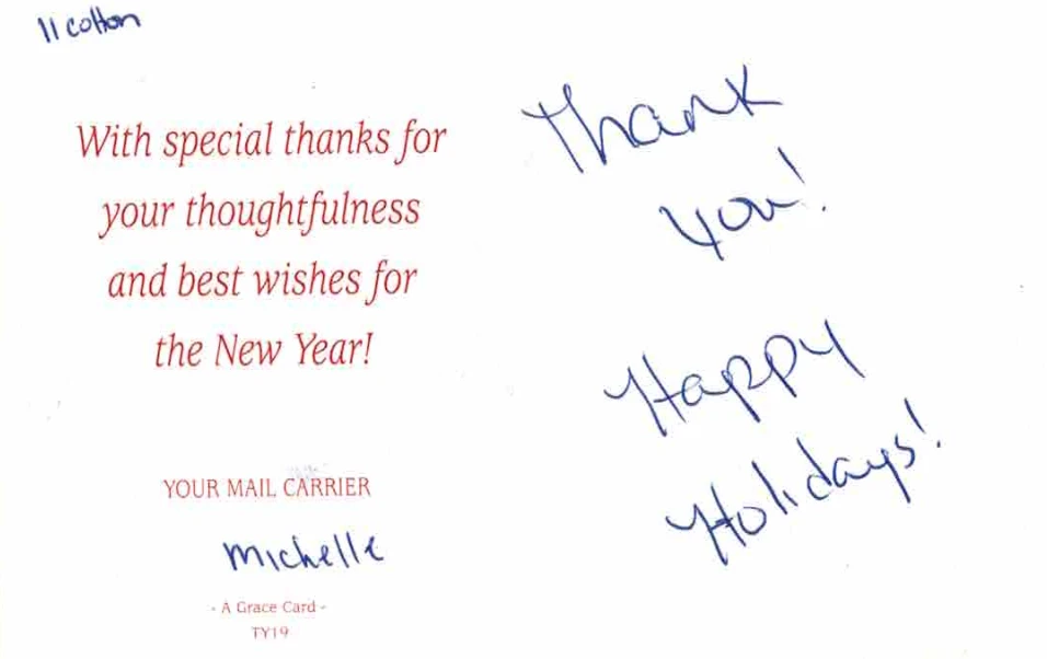 Una cartolina con gli auguri della nostra mail carrier Michelle
