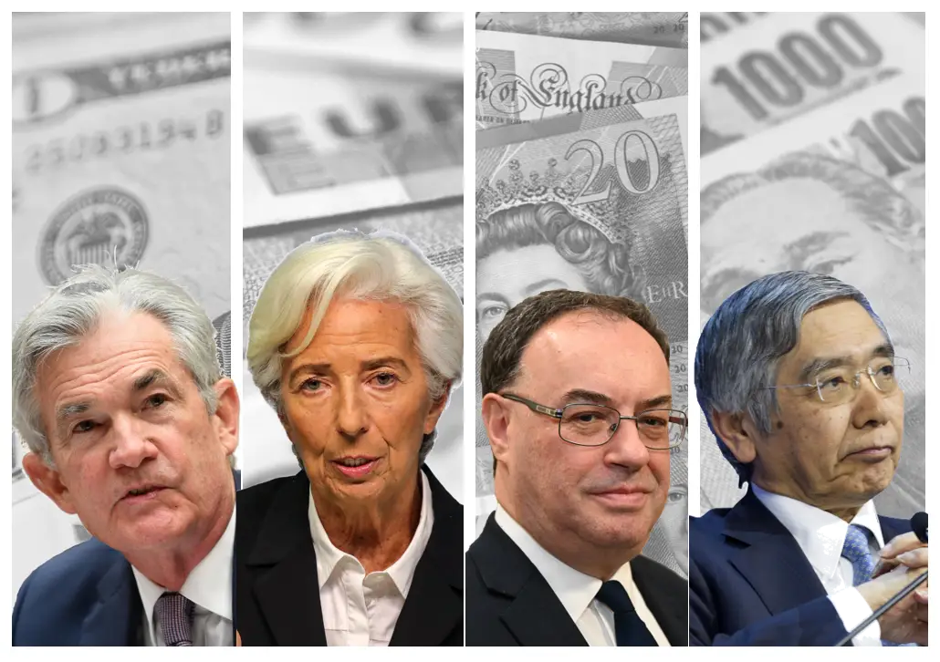 Foto dei quattro governatori più importanti: Stati Uniti, Europa, Inghilterra, Giappone