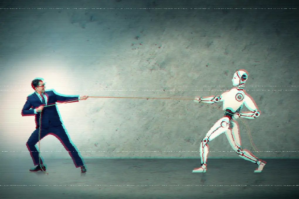 Un uomo in giacca e cravatta ed un robot antropomorfo giocano al tiro alla fune