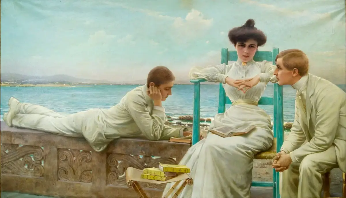 Un dipinto di due ragazzi ed una ragazza seduti in riva al mare