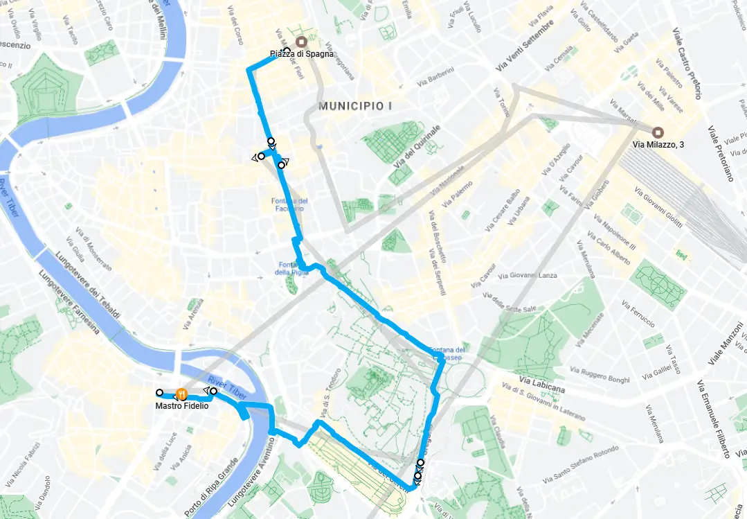 Dettaglio della mappa di Roma con evidenziato il percorso a piedi da Piazza di Spagna a Trastevere