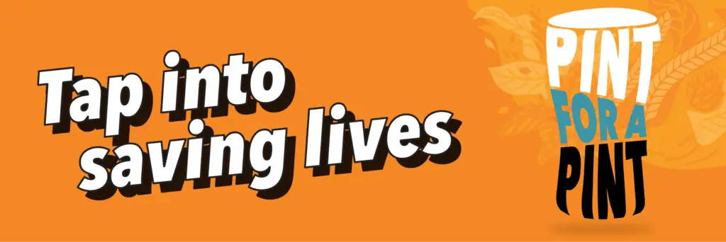 Dettaglio del volantino dell'iniziativa con scritto: Tap into saving lives: pint for a pint. 