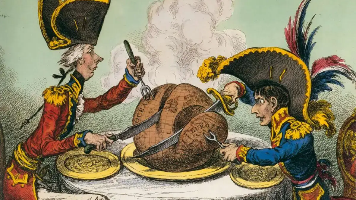 Una vignetta con un inglese ed un francese seduti a tavola ad affettare il mondo