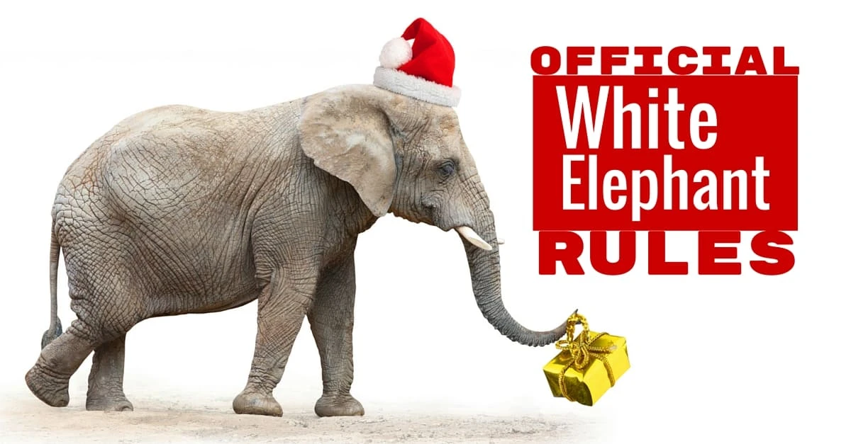 Un elefante bianco indossa un berretto rosso natalizio, con accanto la scritta in inglese: regole ufficiali dell'elefante bianco