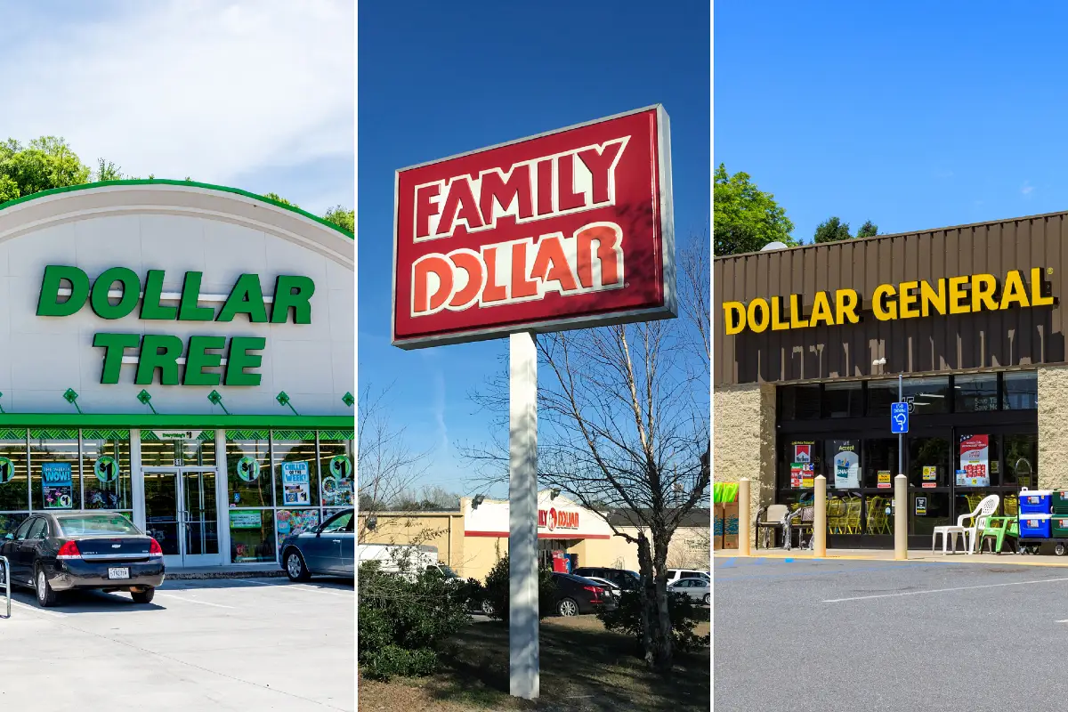 Un collage di tre insegne dei negozi Dollar Tree, Family Dollar e Dollar General