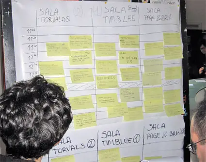 Tanti post-it attaccati ad un grande foglio di carta con tutti gli interventi in programma
