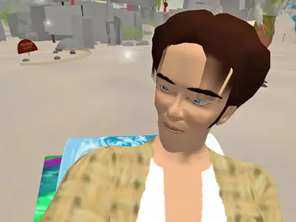 un ragazzo virtuale con i capelli scuri seduto sulla spiaggia
