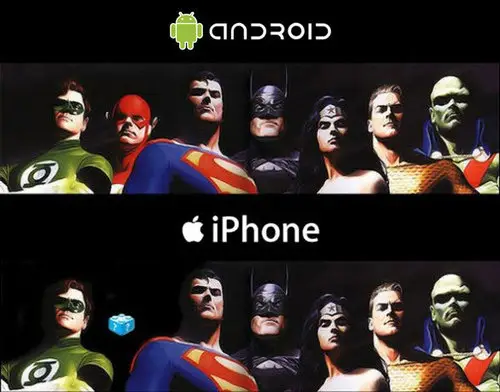 Foto di gruppo dei supereroi DC Comics, dove manca Flash sotto la scritta iPhone
