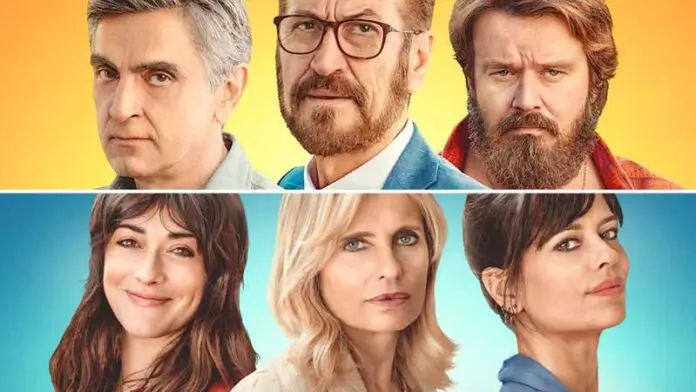 I sei protagonisti, tre uomini in alto e tre donne in basso, in posa mentre guardano verso la telecamera