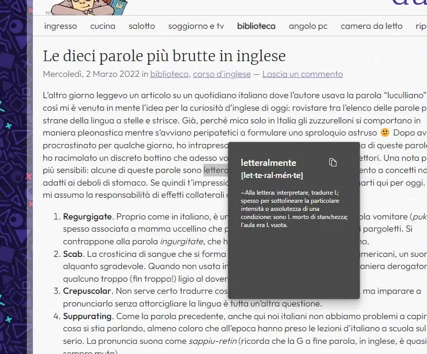 Uno screenshot che mostra la funzione in azione, con la parola letteralmente evidenziata e la sua definizione accanto