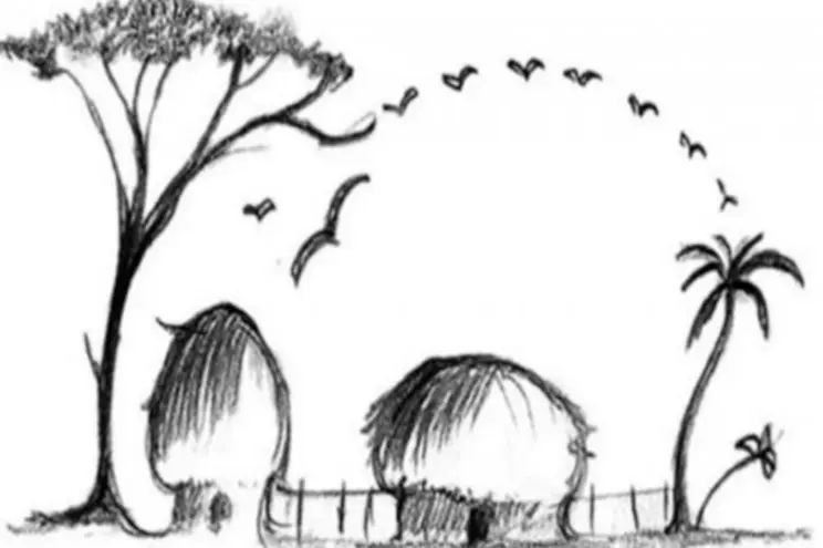 Una scena di natura, con due alberi, uno stormo di gabbiani in lontananza a formare un arco, e due capanne di paglia