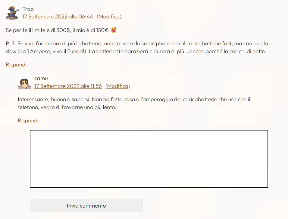 Uno screenshot con i commenti annidati ed il modulo in fondo