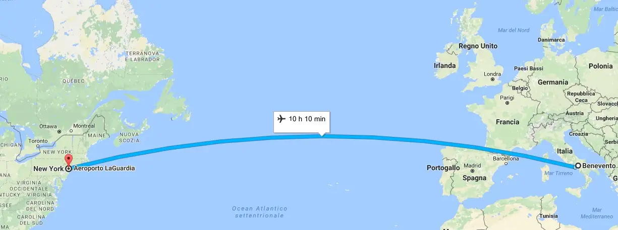 Una foto di Google Maps con la tratta del volo dagli Stati Uniti all'Italia