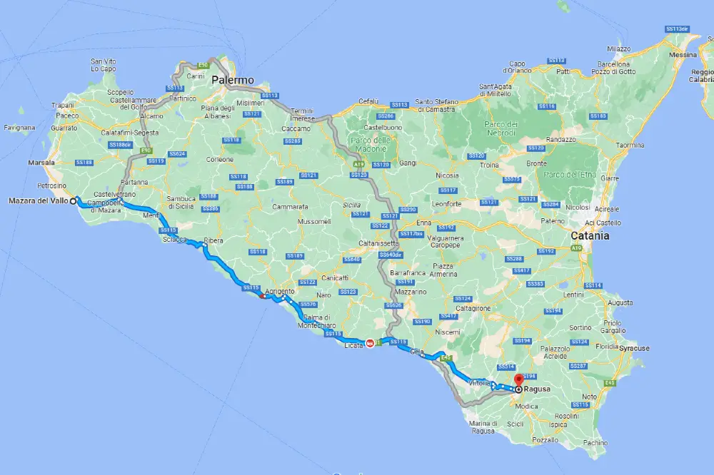Cartina della Sicilia con evidenziato il percorso tra Mazara del Vallo e Ragusa