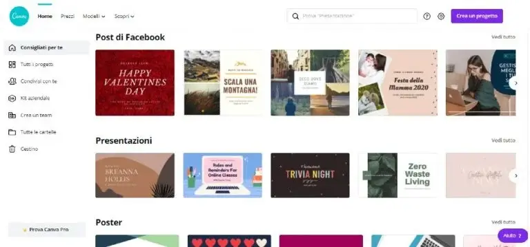 di Canva, con l'elenco di alcuni template disponibili