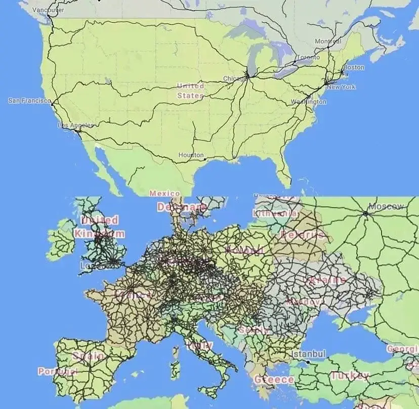 Cartina che paragona i sistemi ferroviari di Europa e Stati Uniti