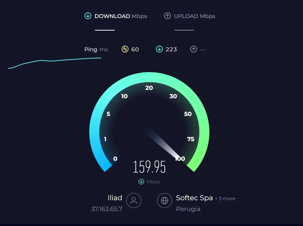 Il test della velocità della connessione mostra 159 mega in download