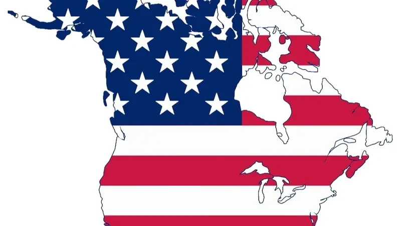 Una mappa di Canada e Stati Uniti colorati con la bandiera americana