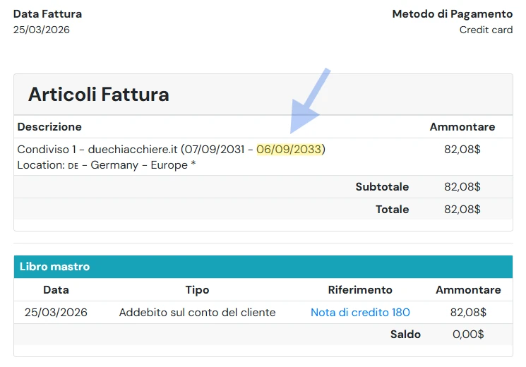 Screenshot che mostra un dettaglio della fattura che ho pagato qualche giorno fa